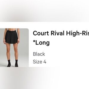 Lululemon court rival high rise tennis skirt long size 4